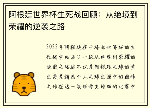 阿根廷世界杯生死战回顾：从绝境到荣耀的逆袭之路