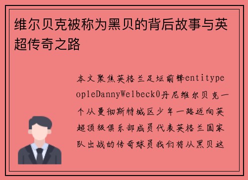 维尔贝克被称为黑贝的背后故事与英超传奇之路 维尔贝克被称为黑贝的背后故事与英超传奇之路